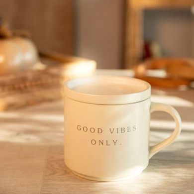 Кружка з кришкою Homla PERLO GOOD VIBES ONLY 400 мл | Білий / Принт 218295 фото - 6