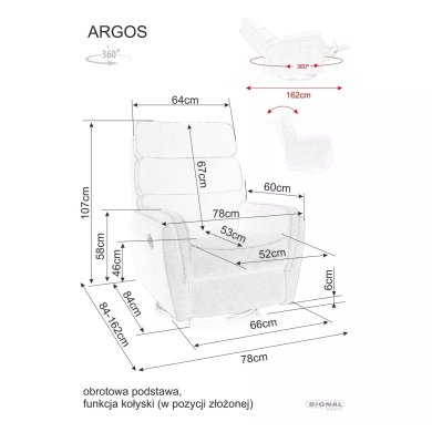Крісло м'яке розкладне з реклайнером Signal ARGOS Welur Сірий ARGOSVSZ фото - 8