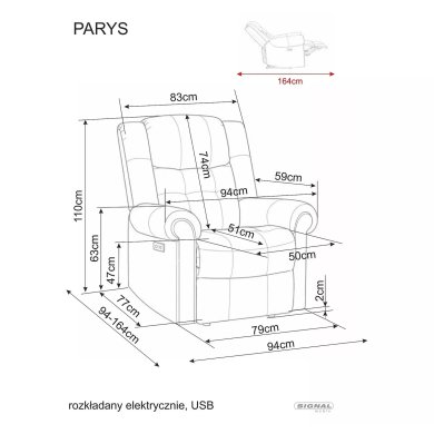 Кресло мягкое раскладное с реклайнером Signal PARYS Raven Серый PARYSRASZ07 фото - 12