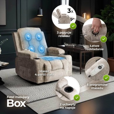 Кресло мягкое раскладное массажное с реклайнером Mebel Elit BOX Welur Бежевый ME.BOX/BZ/V/FW фото - 14