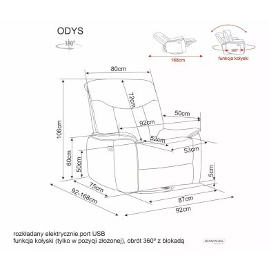 Крісло м'яке розкладне з реклайнером Signal ODYS Raven Сірий ODYSRASZ07 фото - 12