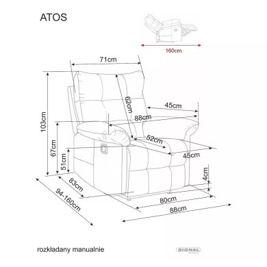 Крісло м'яке розкладне з реклайнером Signal ATOS Raven Сірий ATOSRASZ07 фото - 7