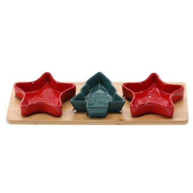 Сервировочный набор мисок Chomik GWIAZDA CHOINKA | Зеленый / Красный / Дерево MUT4598 фото - 2